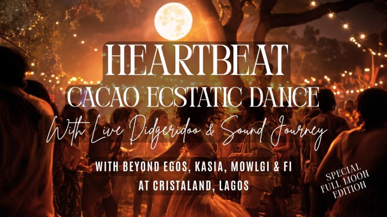 Poster of Hertbeat Cacao Ecstatic Dance - With Live Didgeridoo and Sound Journey with Full Moon on the Photo, an old tree, and dancing people